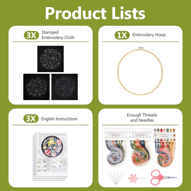 Santune 3 Pack Embroidery Kit for Beginners, Needlepoint Cross Stitch Kits for Adults,Needle Point Sets with Stamped Petal Pattern Stitch Video Tutorial - Image 5